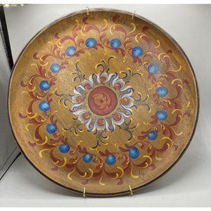 Genuine monkey pod wood hand painted floral 12” plate Philippines Signed!